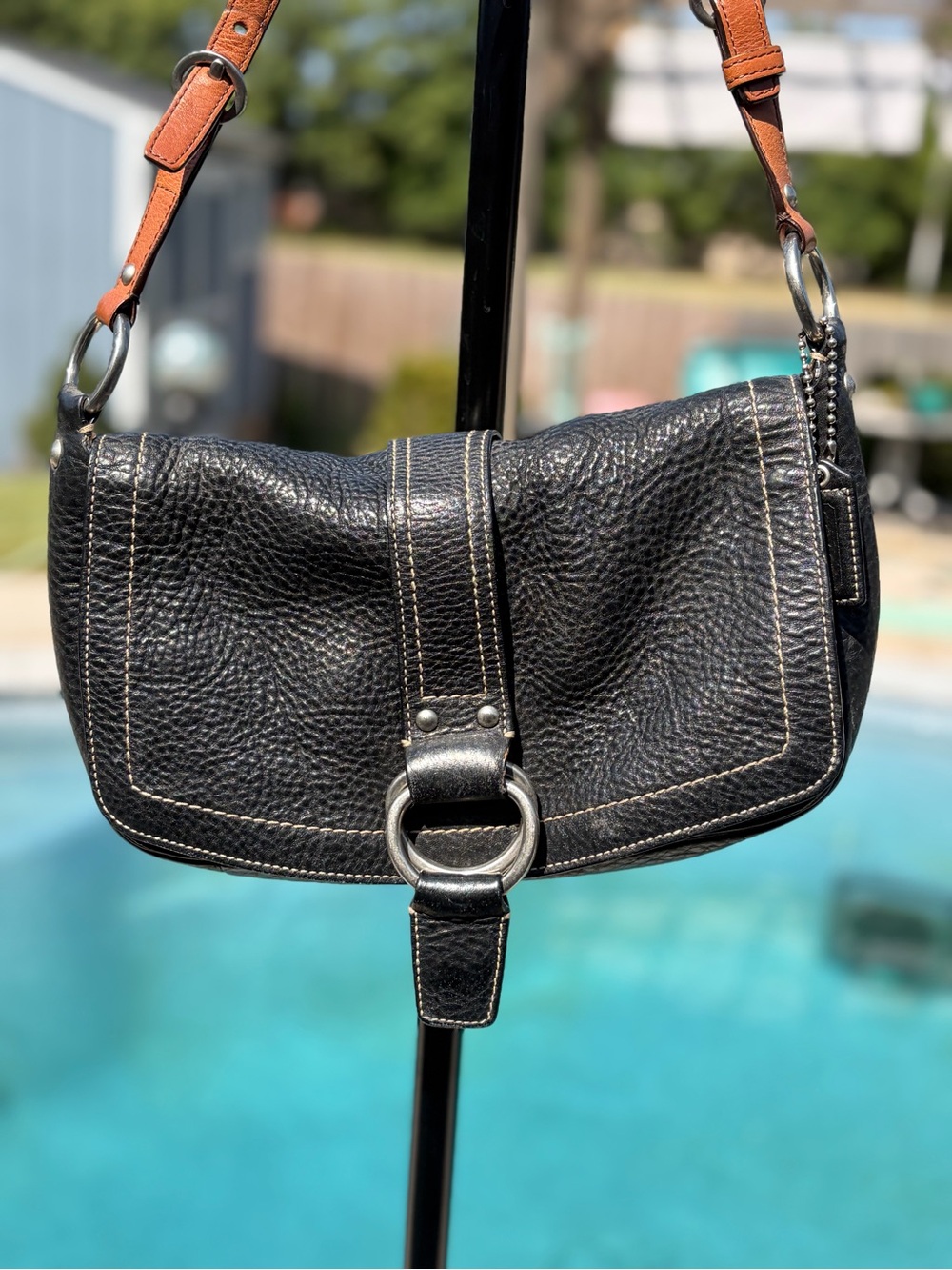 Coach Black Pebbled Leather Shoulder Bag with Tan Strap